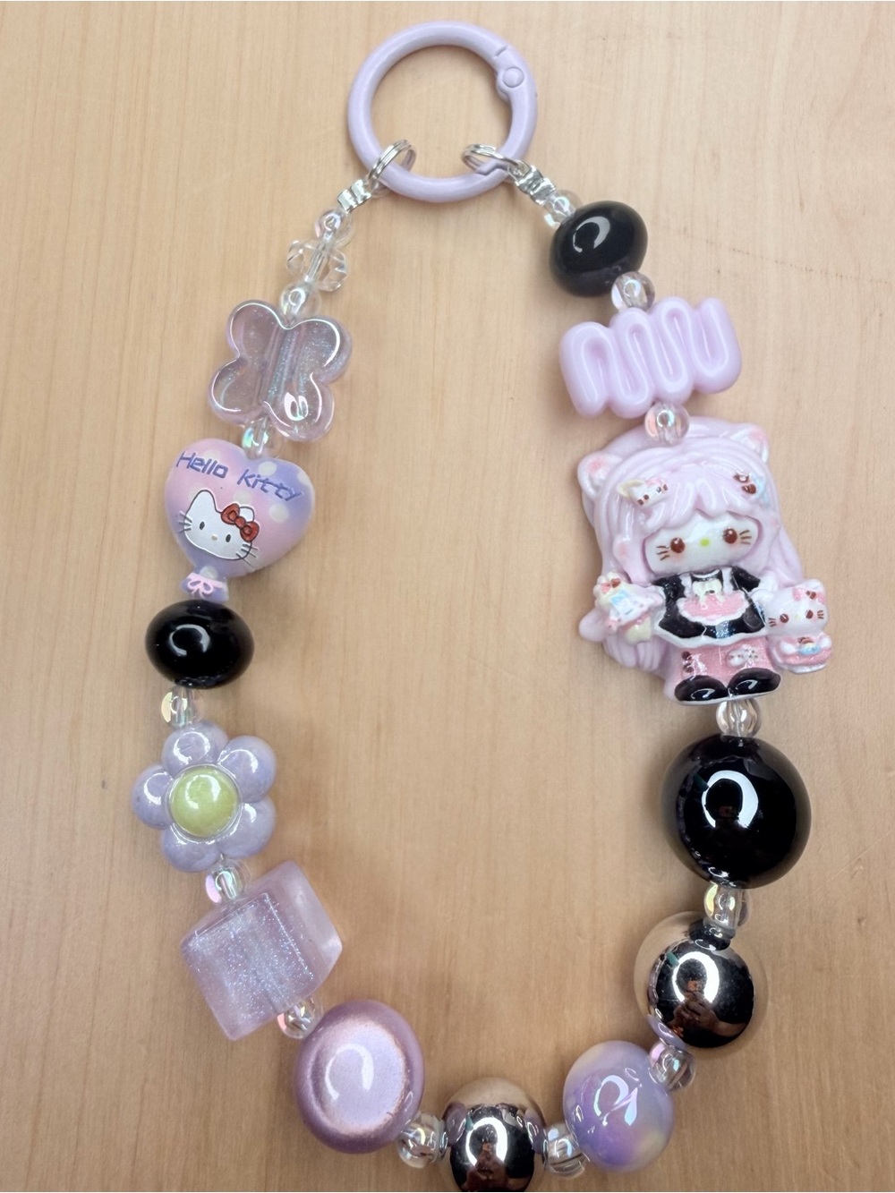 Sanrio Hello Kitty Lavender and Black Beaded Phone Charm- Handmade Maid
